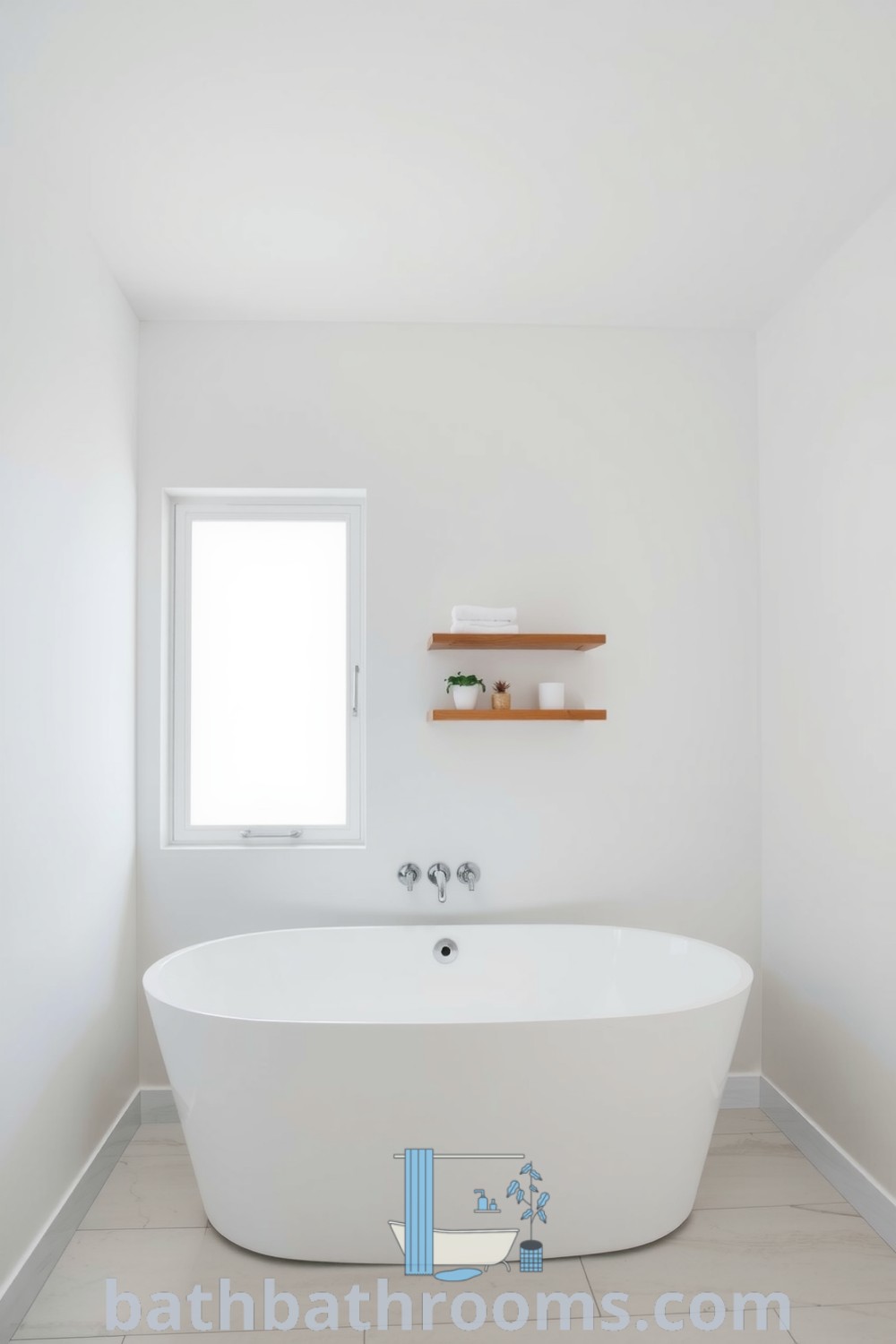 Minimalist bathroom featuring bright white walls, a freestanding tub, wooden shelves with towels and potted plants, creating a tranquil and spacious aesthetic. Discover more design tips and cozy ideas for your home at bathbathrooms.com.