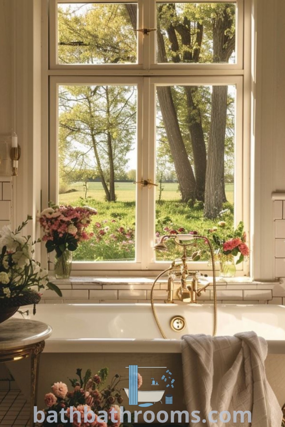 A cozy bathroom featuring a vintage bathtub next to a window, decorated with flowers, embodying the country and cottage core aesthetic. This design provides decor ideas for a comfortable home atmosphere. Explore more inspirations at bathbathrooms.com.