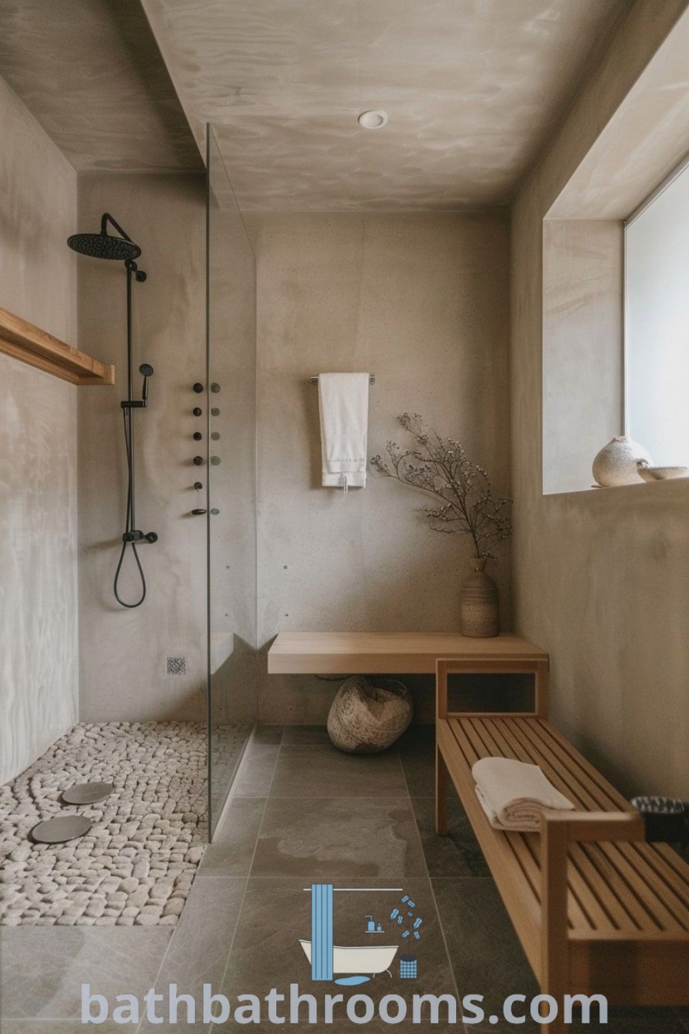 An elegant bathroom with two benches and a shower styled in concrete Japandi design, featuring wooden accents and decor ideas for small spaces. Get inspired with unique ideas for your home at bathbathrooms.com.