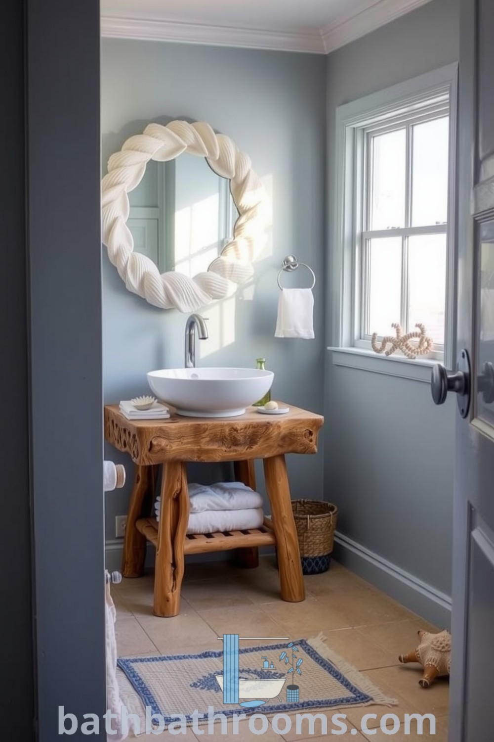 Sea-themed bathroom featuring soft blue-gray walls, a driftwood vanity, white vessel sink, nautical accents, and sandy-colored tiles, creating a serene and inviting atmosphere. Discover cozy home ideas at bathbathrooms.com.