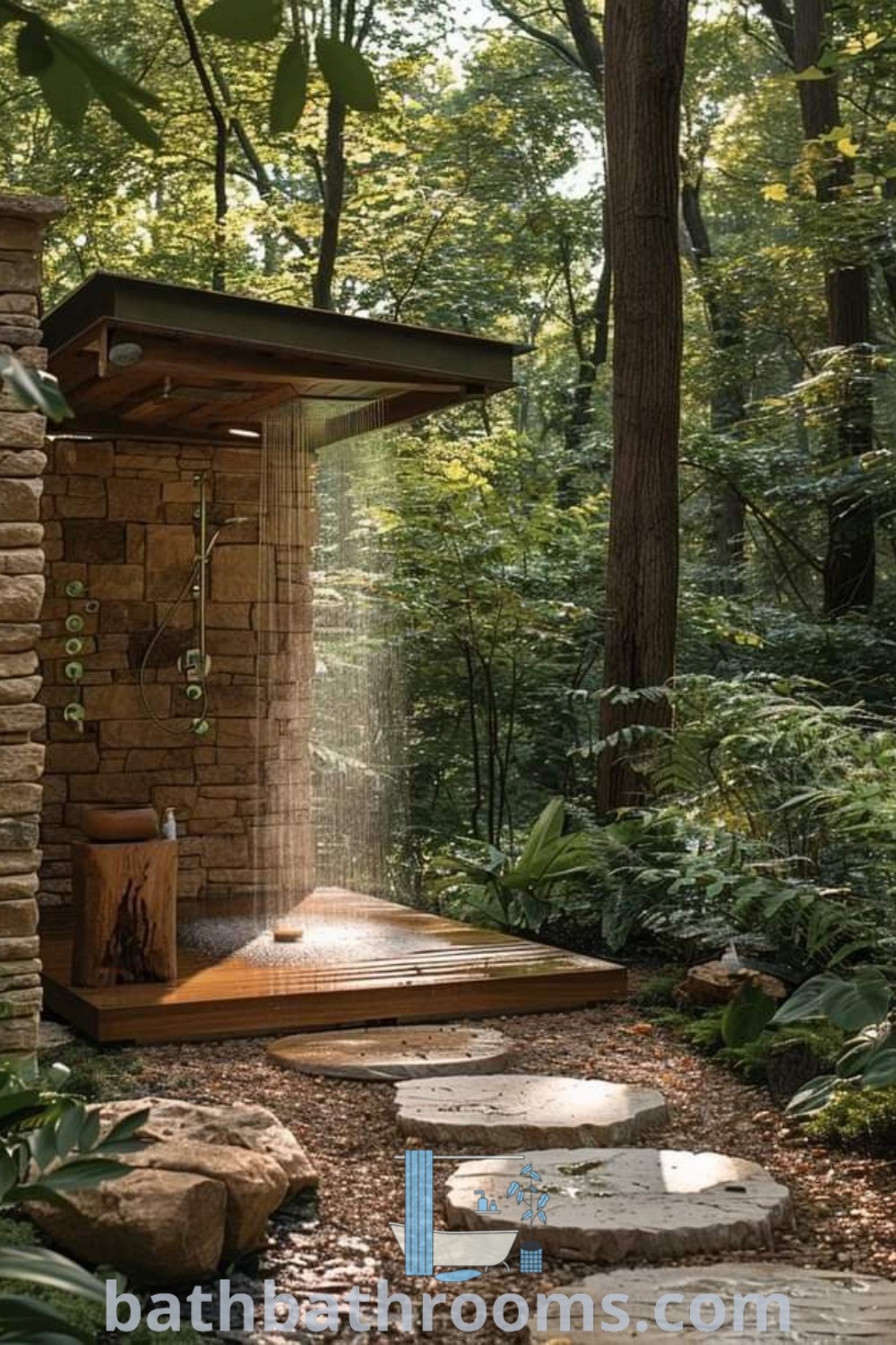 An outdoor shower set in a wooded area with stone steps, showcasing stylish outdoor bathroom design ideas. This unique decor enhances outdoor baths and showers, creating a cozy aesthetic. Explore various inspiring ideas at bathbathrooms.com.