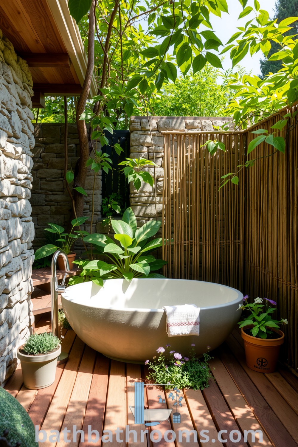 Eco-friendly outdoor bathroom with natural stone walls, a wooden deck, a freestanding tub made from recycled materials, potted herbs, and wildflowers, creating a harmonious retreat in nature. Discover inspiring decor ideas for your home at bathbathrooms.com.