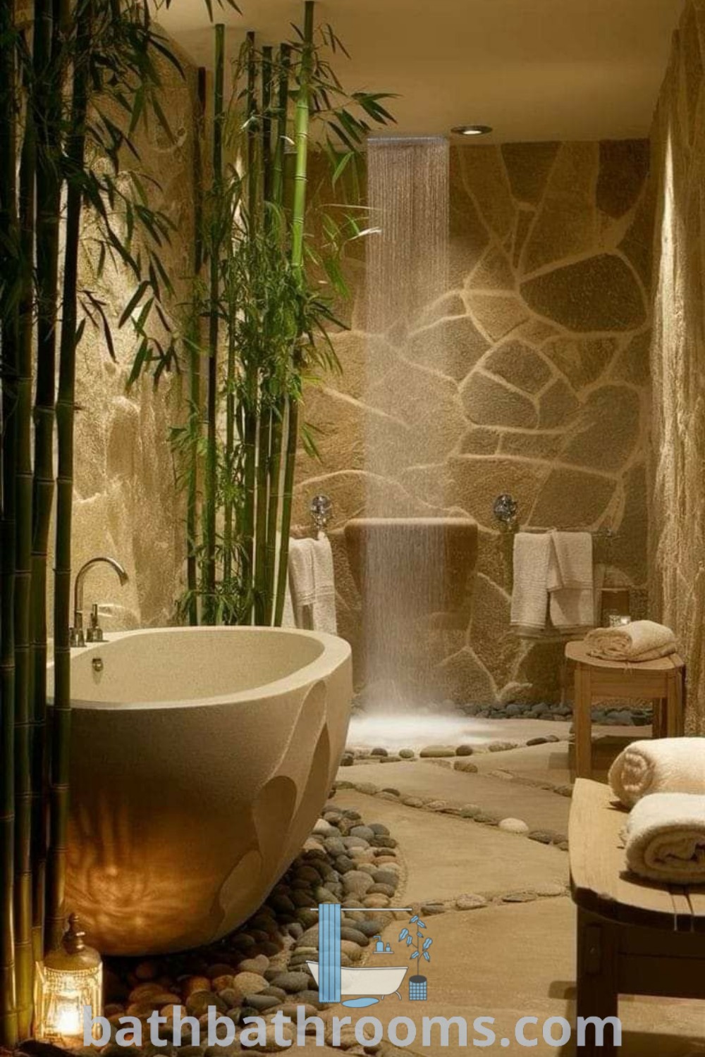 A serene bathroom showcasing a bamboo tree in the corner and a stone bathtub next to it, embodying a spa aesthetic with a bamboo shower wall and luxury decor inspirations. Discover more ideas for your home at bathbathrooms.com.