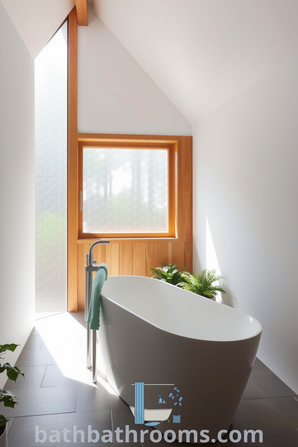 Minimalist bathroom with white hues, natural light through frosted glass, a freestanding tub, warm wood accents, and potted greenery, creating a serene and inviting atmosphere. Discover unique decor ideas and inspirations for your home at bathbathrooms.com.