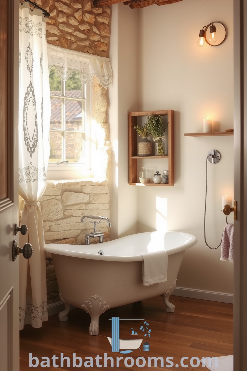 Cozy Provence bathroom featuring soft cream walls, vintage clawfoot tub, rustic wooden shelves with dried herbs and candles, and lace-trimmed curtains, creating a warm and inviting atmosphere. Discover more cozy decor ideas at bathbathrooms.com.