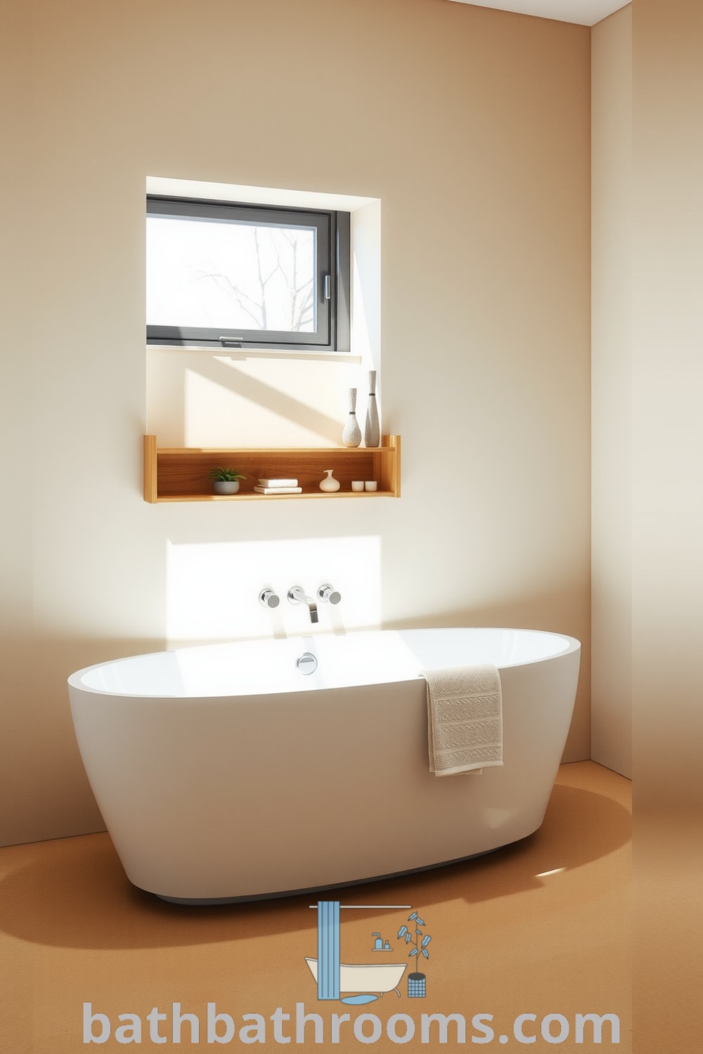Cozy minimalist bathroom with a freestanding tub, soft sand tones, textured walls, natural light, and wooden shelf accessorized with organic shapes. Discover more inspiring decor ideas for small spaces at bathbathrooms.com.