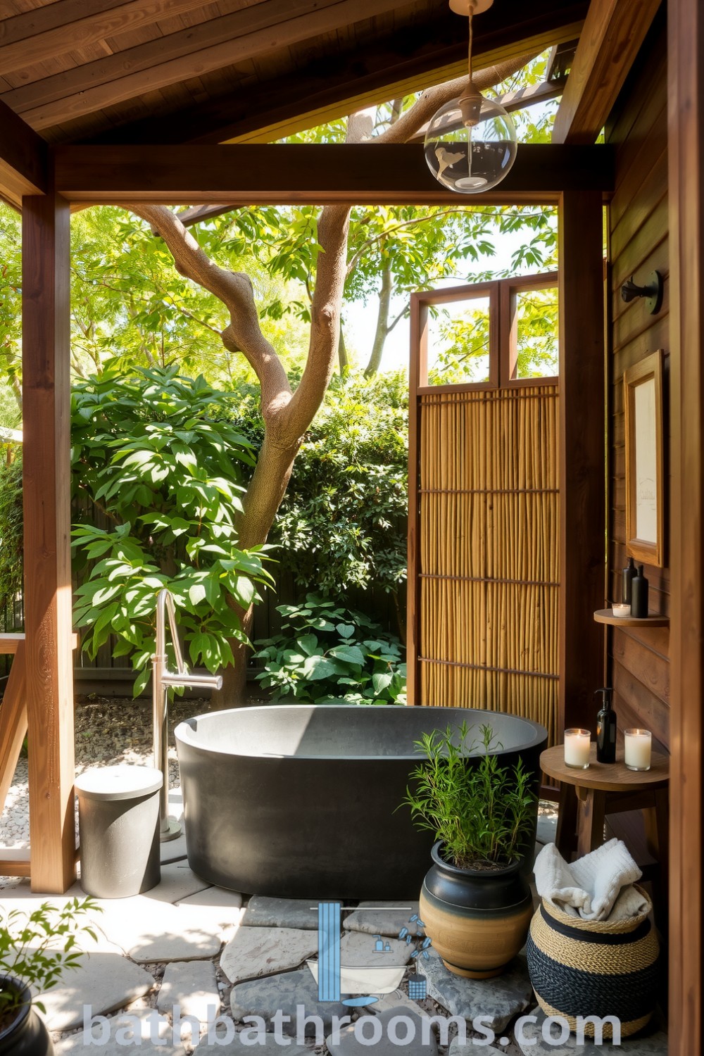 Tranquil outdoor bathroom with a freestanding slate tub, weathered wooden accents, smooth river stones, and lush greenery, creating a serene and inviting space for relaxation. Discover more inspiring decor ideas for your home at bathbathrooms.com.