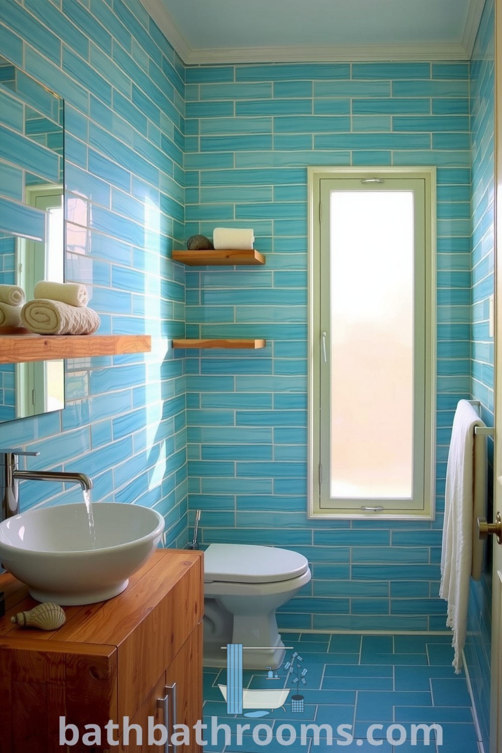 Ocean-style bathroom with turquoise tiles, a wooden vanity, a white vessel sink, and driftwood shelves, creating a cozy and tranquil atmosphere. Discover inspiring decor ideas for small spaces at bathbathrooms.com.