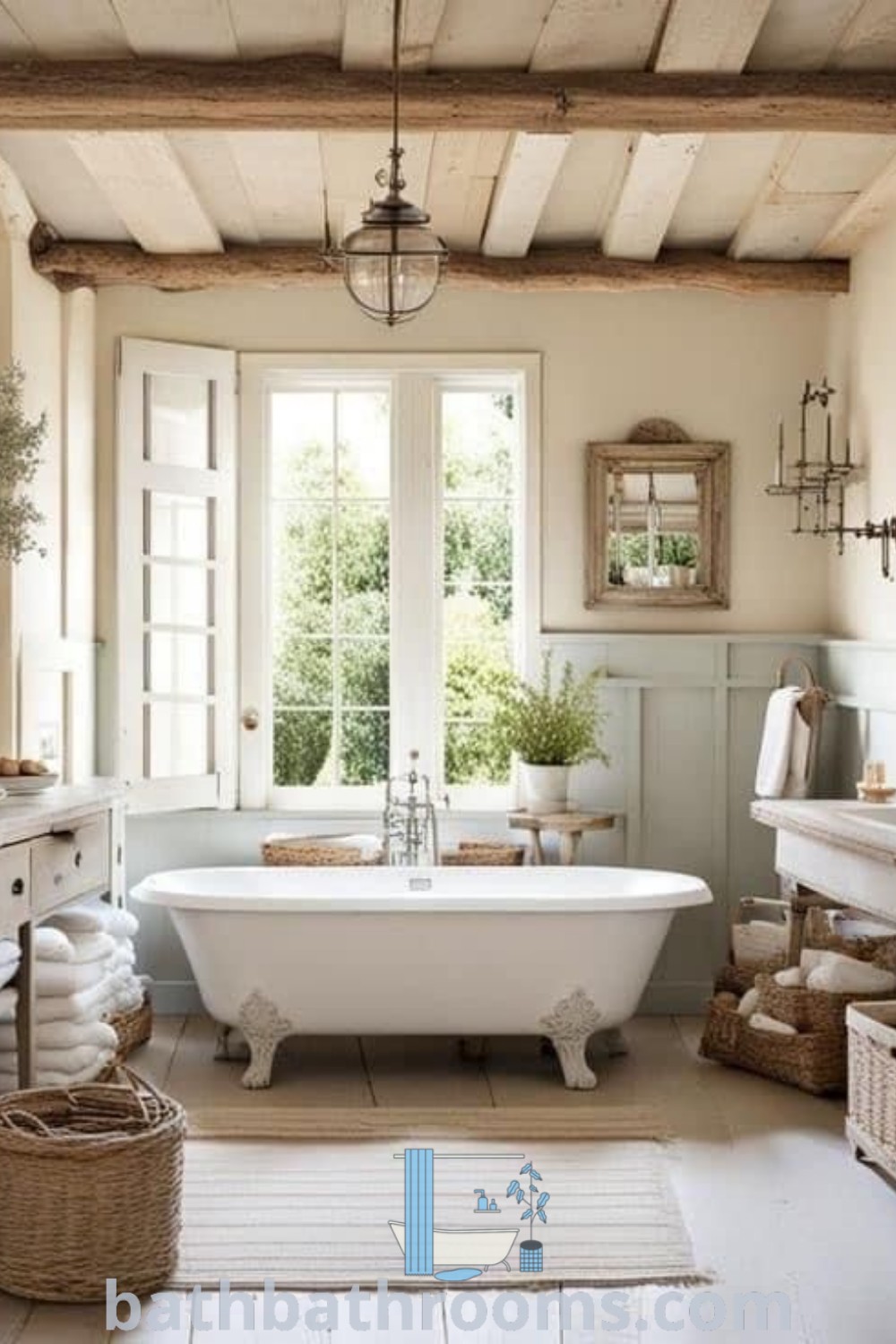 A white bath tub in an elegantly designed French cottage bathroom next to two sinks and a window. This space showcases cozy decor ideas, blending function with style, ideal for bathroom decor inspiration. Discover more unique ideas for your home at bathbathrooms.com.