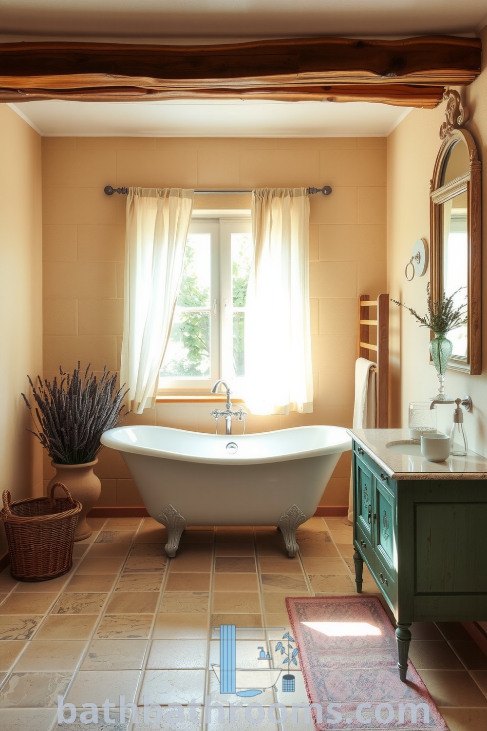 Cozy Provence bathroom featuring warm creamy walls, rustic wooden beams, a clawfoot tub, and dried lavender for a tranquil atmosphere. Discover inspiring décor ideas for your home at bathbathrooms.com.