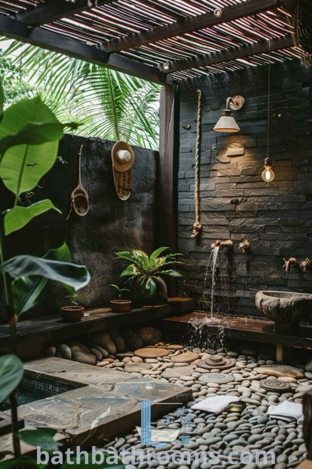An outdoor shower area with rocks, plants, and wall-mounted lights, inspired by cottage spa and Japanese style bathroom designs. This serene outdoor shower oasis showcases zen decor ideas, offering a perfect fusion of function and tranquility. Discover more inspiring outdoor bathroom concepts at bathbathrooms.com.