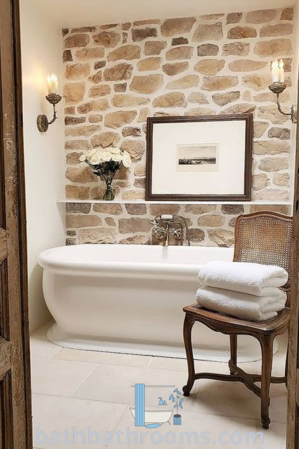A white bath tub next to a wooden chair in a farmhouse style bathroom with stone walls, showcasing cozy design ideas and inspirations. Explore more unique bathroom decor ideas at bathbathrooms.com.