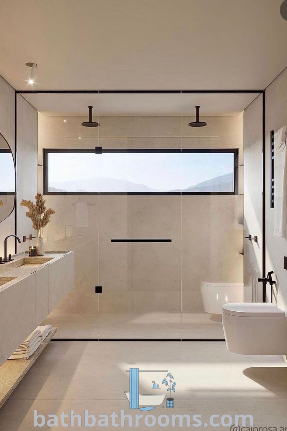 A modern bathroom showcasing two sinks and mirrors with contemporary design elements. This luxurious setup includes minimalistic decorations and functional layouts, providing unique ideas for bathroom inspiration. Discover more design ideas at bathbathrooms.com.