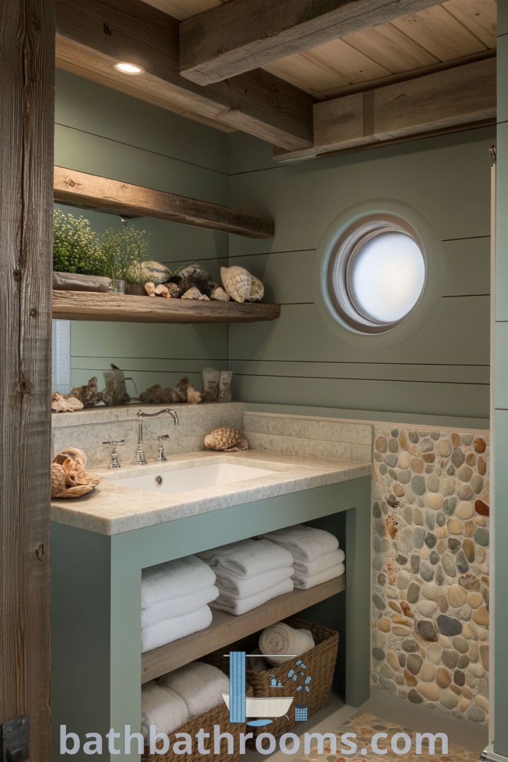 Coastal bathroom featuring soft blue and sandy beige colors, weathered wooden beams, a driftwood shelf with seashells, and textured stone tiles, creating a serene seaside-inspired atmosphere. Discover unique ideas for your home at bathbathrooms.com.