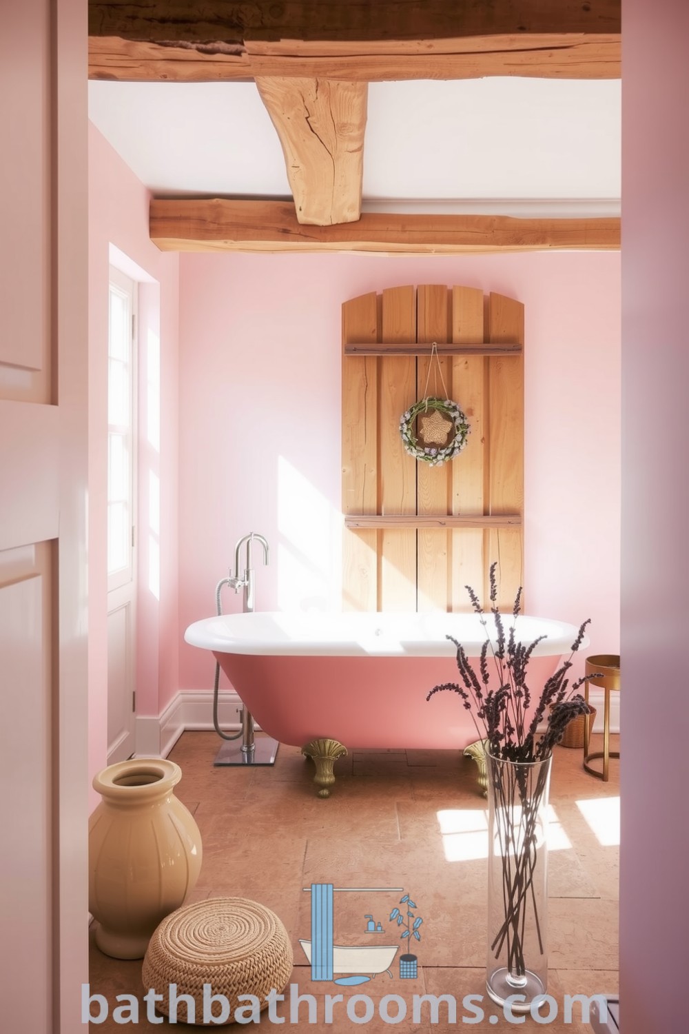 Cozy Provence bathroom featuring soft pink walls, a vintage blush clawfoot tub, rustic wooden beams, and dried lavender accents, creating a tranquil and inviting atmosphere. Discover unique ideas for your home at bathbathrooms.com.
