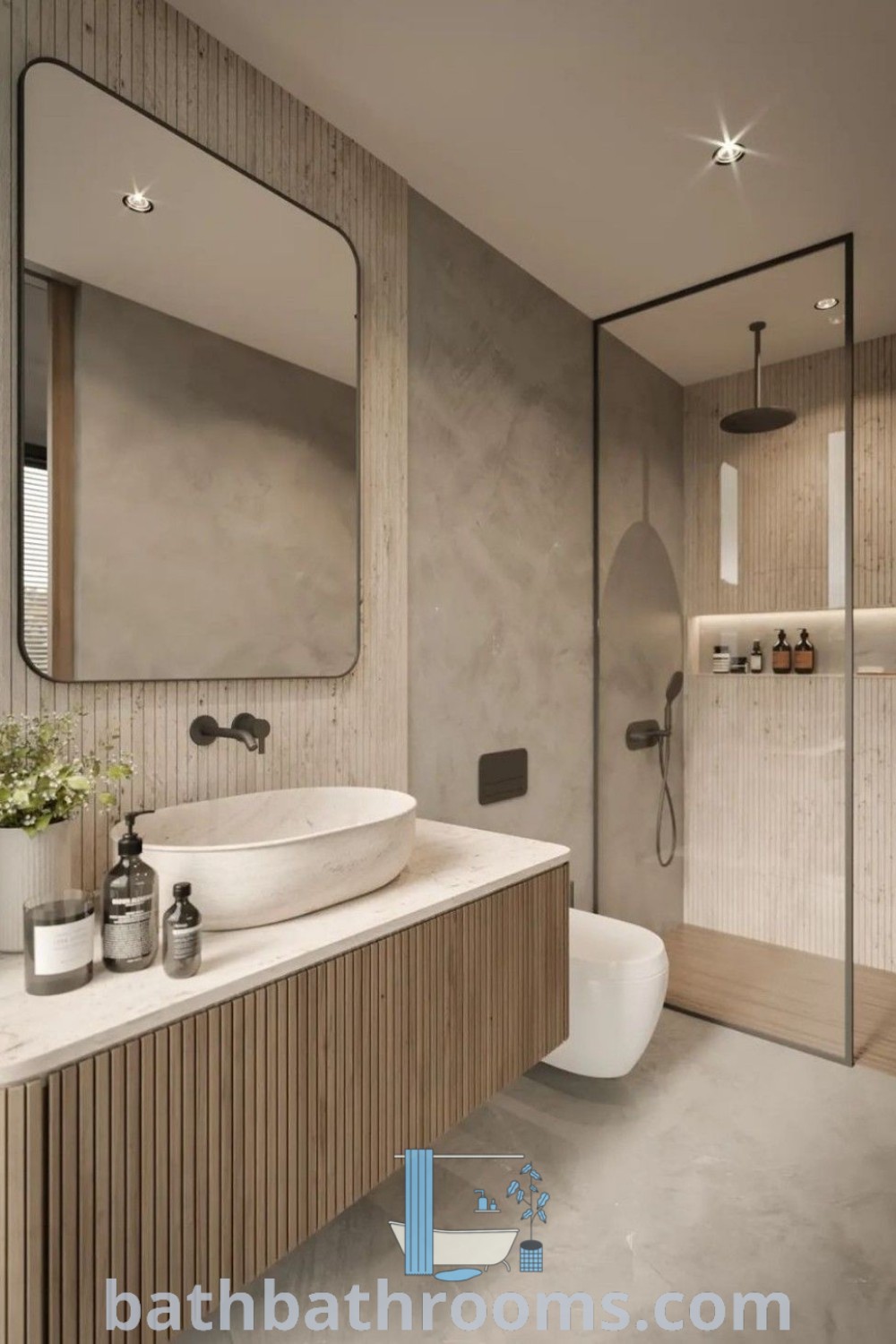 An elegant Japandi bathroom design featuring clean lines, natural materials, and minimalist decor. The space is inviting and functional, showcasing inspirations for bathroom redesign and decor ideas for small spaces. Discover more unique ideas at bathbathrooms.com.