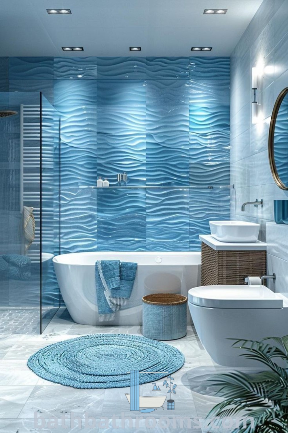 A luxurious bathroom with blue water waves on the wall and stylish rugs in the bathtub, showcasing inspiring decor ideas for small spaces. This unique design offers a cozy aesthetic and maximizes style and space. Explore more at bathbathrooms.com.