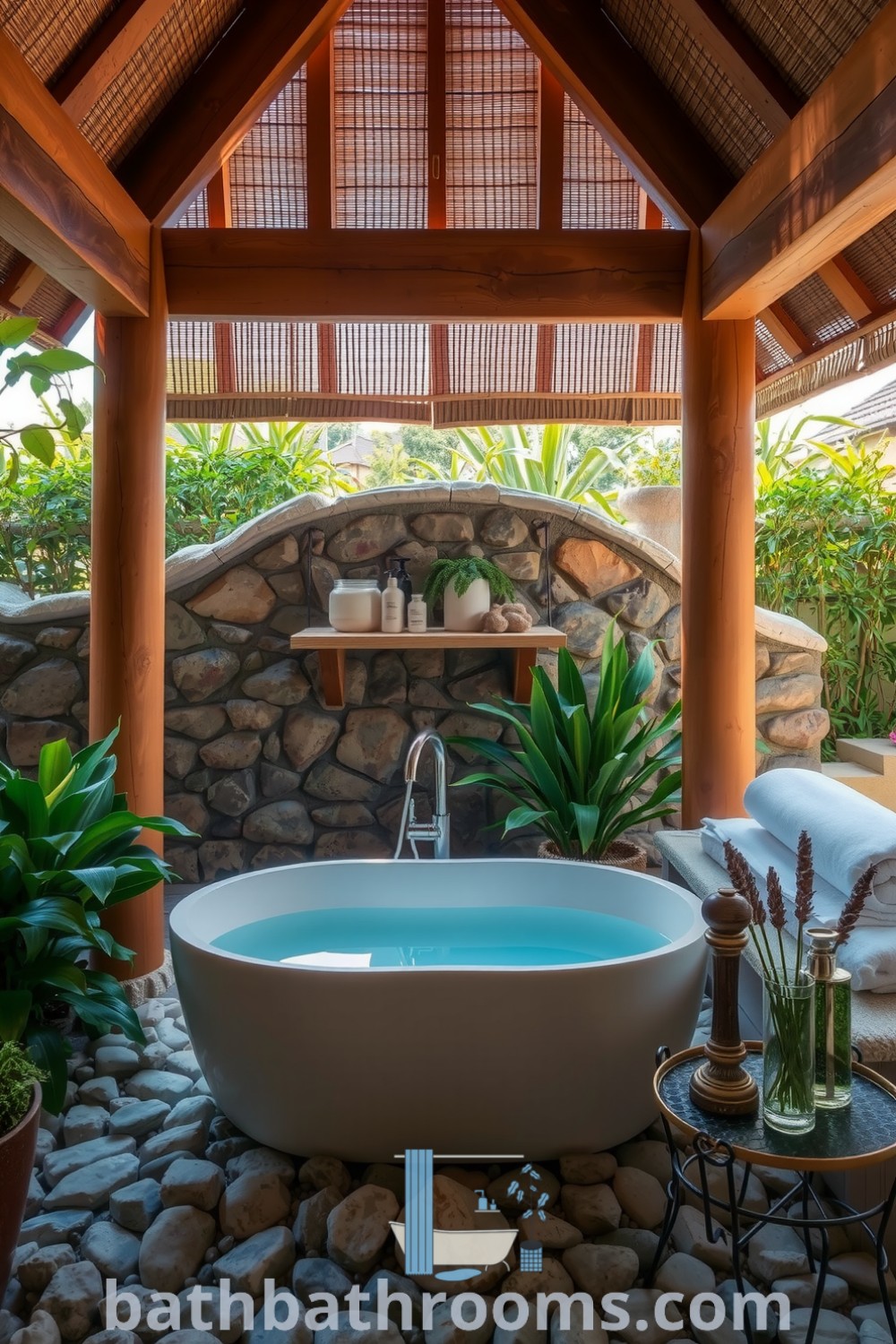 Cozy outdoor spa bathroom featuring rustic wooden beams, naturally weathered stone walls, a smooth oval soaking tub on a pebble surface, lush greenery, and soothing bamboo shades, creating a serene atmosphere. Discover inspiring cozy home ideas at bathbathrooms.com.