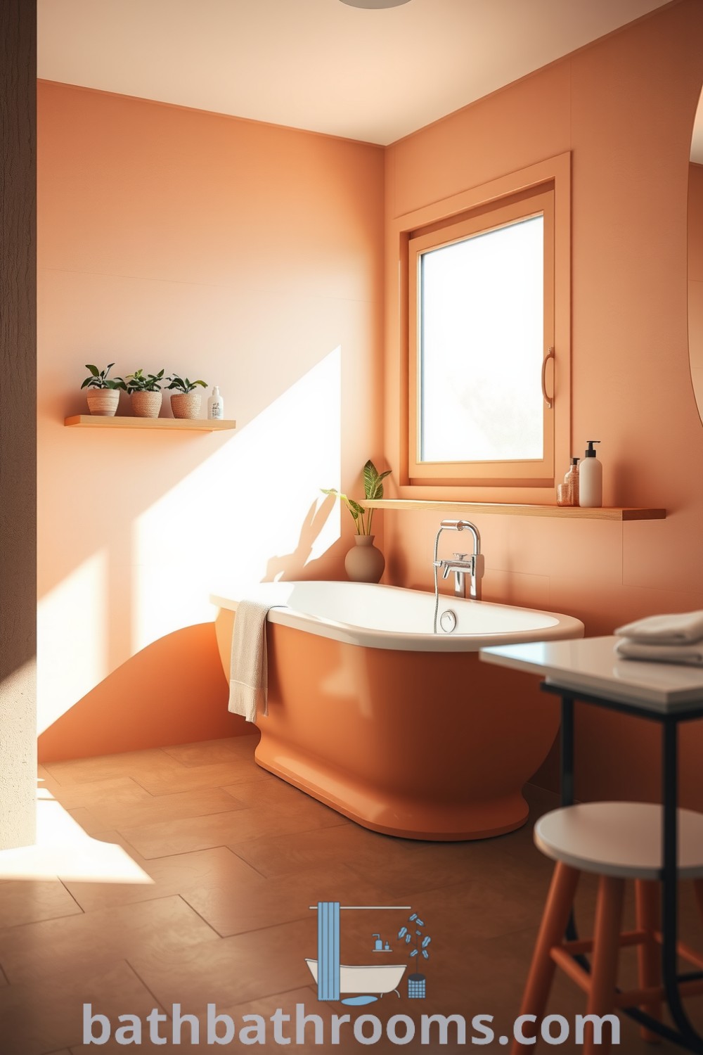 Warm minimalist bathroom featuring peach hues, smooth stone tiles, freestanding tub, wooden accents, and potted greenery, creating a cozy and inviting atmosphere. Discover more design ideas for your home at bathbathrooms.com.
