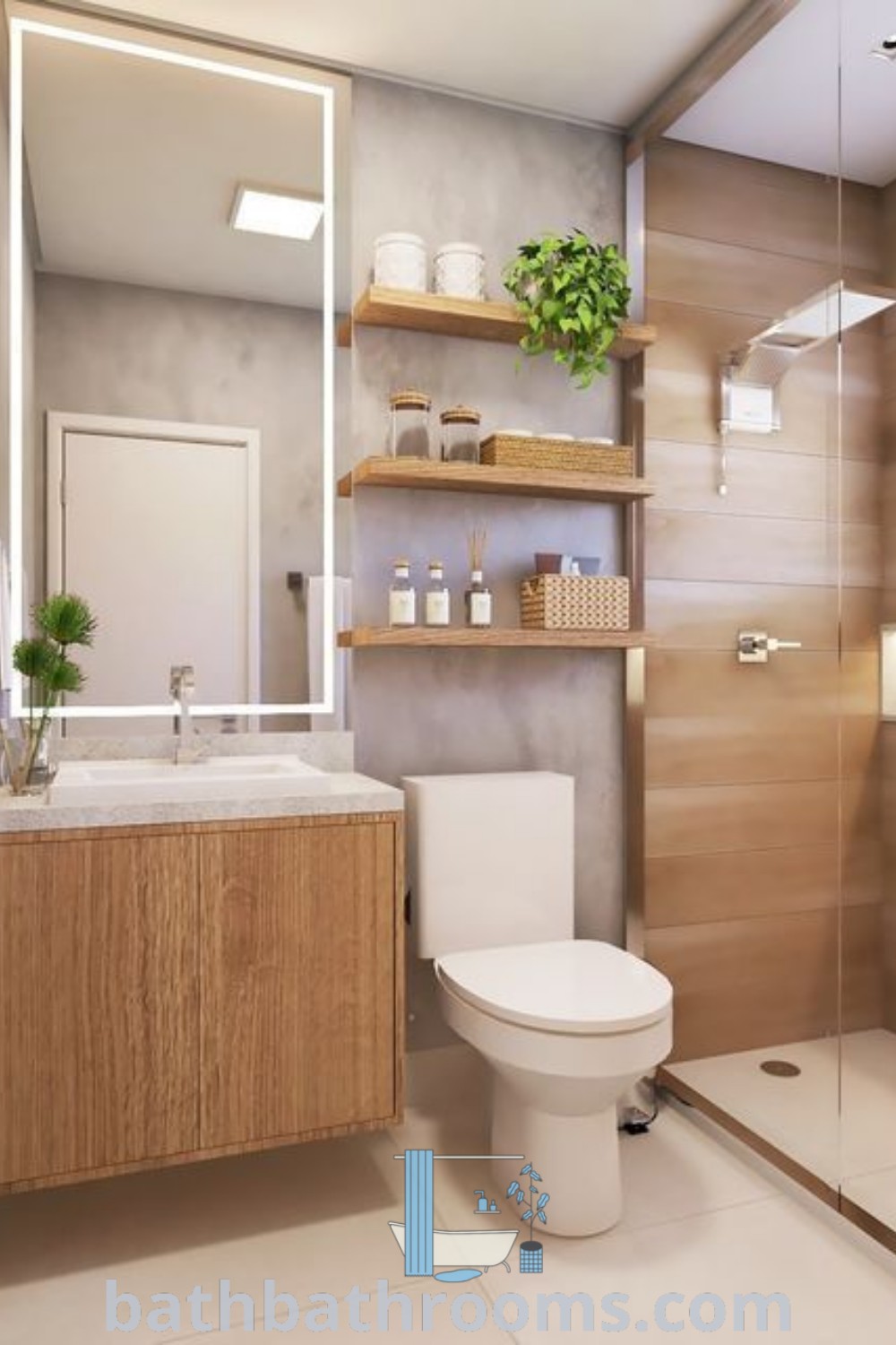 A stylish small bathroom with a toilet, sink, and shower, showcasing beautiful decor and design ideas. This cozy bathroom exemplifies simple bathroom designs and innovative ideas for maximizing style and space. Explore inspiring decor inspirations at bathbathrooms.com.
