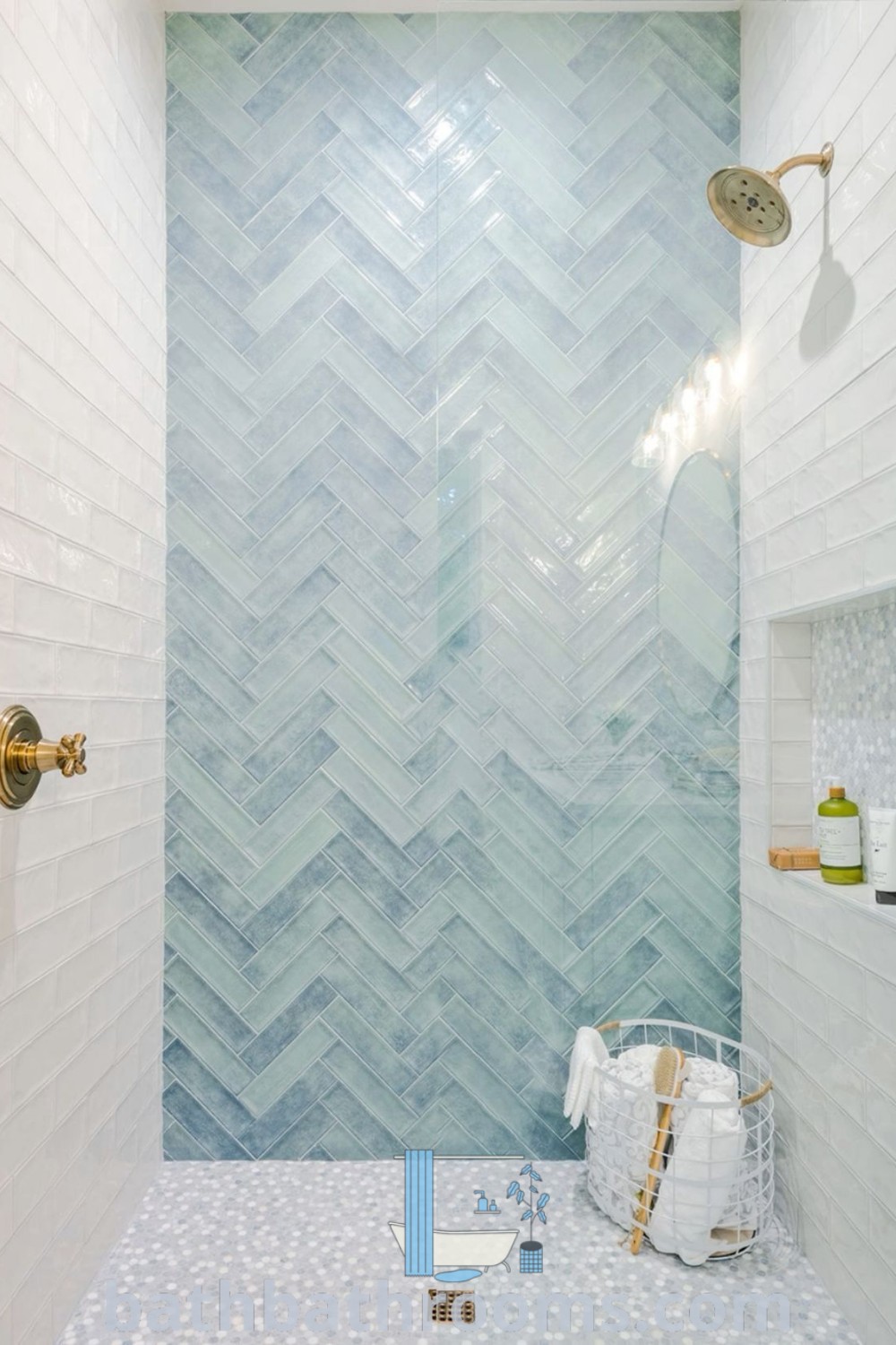 A blue and gold bathroom featuring white and blue tiles on the wall, a stylish shower head, and a tub offering a beach house aesthetic. This design showcases inspiring decor ideas for a cozy home and luxurious primary bath remodels. Discover more unique ideas at bathbathrooms.com.