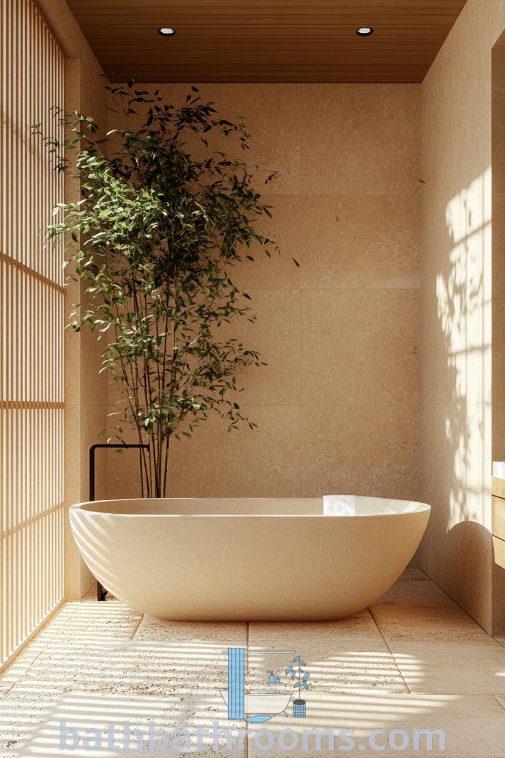 Cozy Japanese bathroom featuring a spacious beige tub, warm wooden paneling, a bamboo plant in a ceramic pot, and a shoji screen allowing natural light, creating a serene atmosphere. Discover more cozy ideas for your home at bathbathrooms.com.
