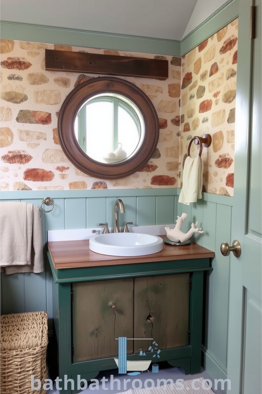 Coastal bathroom design featuring soft seafoam and sandy beige colors, weathered wood accents, barnacle-encrusted basin, and coral details, creating a serene and inviting atmosphere. Discover unique ideas for your home at bathbathrooms.com.