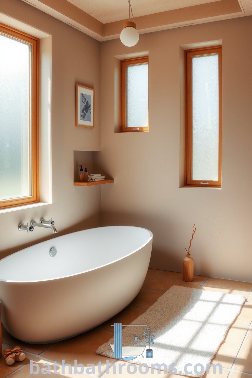 Minimalist bathroom with warm beige tones, a freestanding tub, natural wood accents, frosted glass windows, and a plush mat, creating a serene and cozy atmosphere. Discover more unique ideas for your home at bathbathrooms.com.