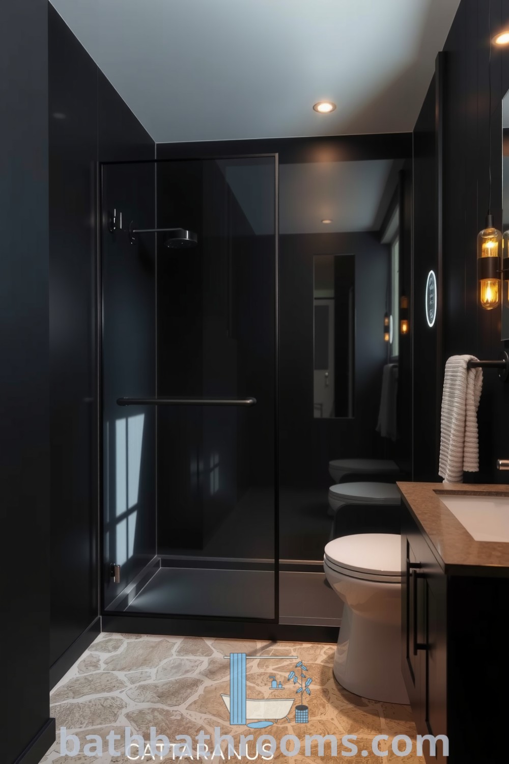 Stylish black bathroom featuring a frameless glass shower, textured stone tiles, and warm lighting, creating a cozy and sophisticated atmosphere. Discover more unique decor ideas at bathbathrooms.com.