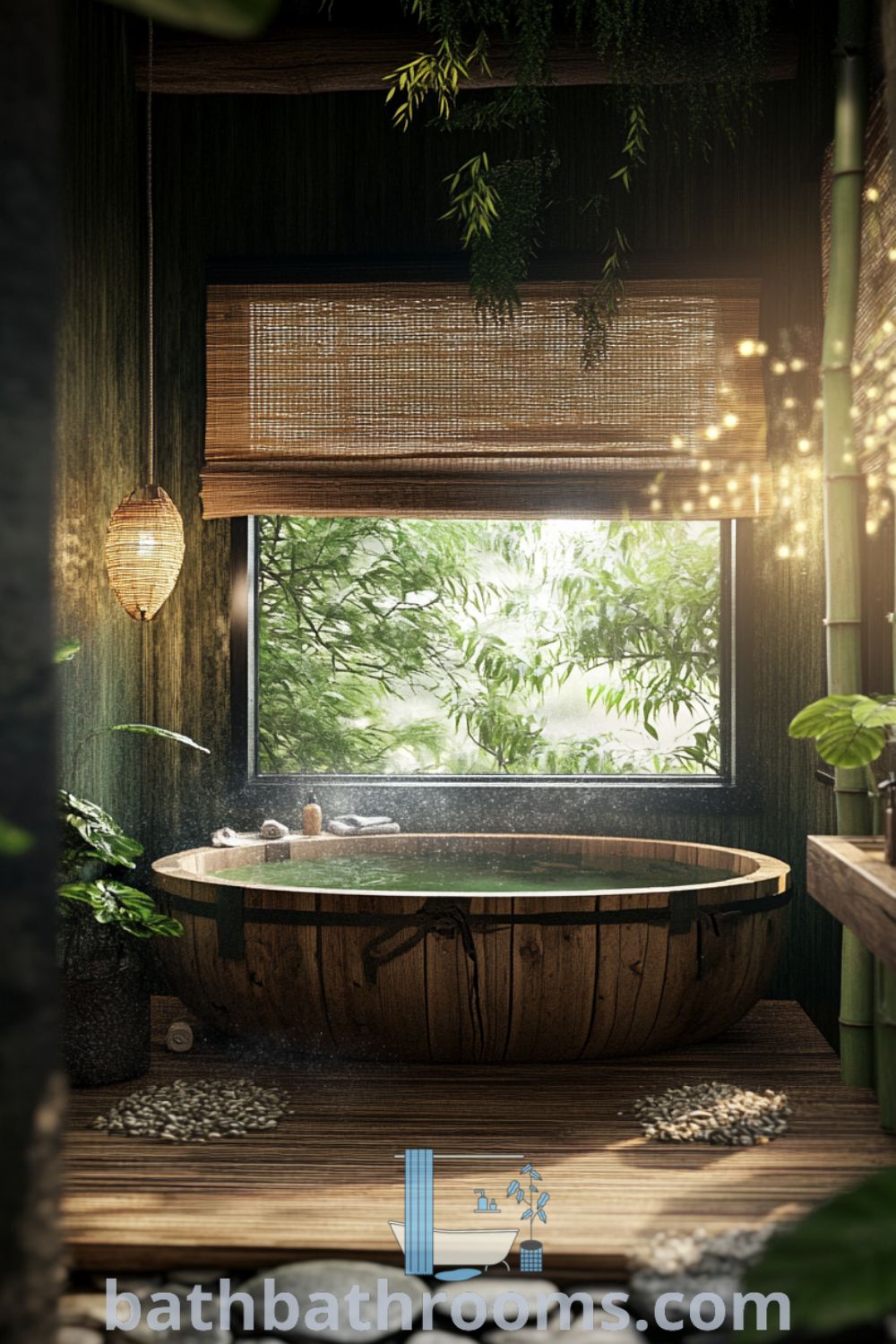 Japanese bathroom with deep green hues, a wooden tub under a bamboo-framed window, smooth stones, and hanging plants, creating a tranquil atmosphere for relaxation. Discover unique decor ideas for a cozy home at bathbathrooms.com.