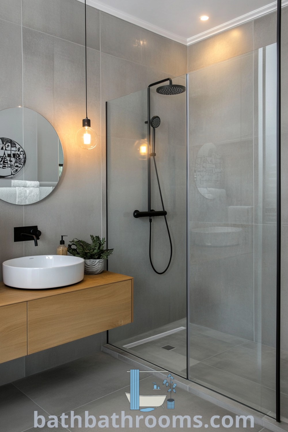 A stylish bathroom featuring a walk-in shower, mirror, and sink within a cozy design, highlighted by warm grey colors. This modern apartment layout showcases efficient lighting and maximizes space, offering inspiring decor ideas and bathroom inspirations at bathbathrooms.com.
