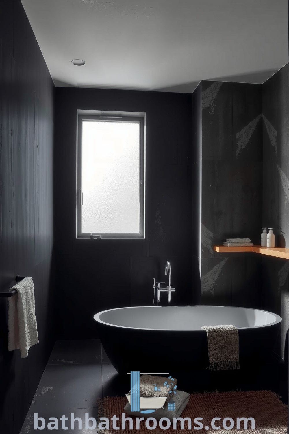Minimalist bathroom featuring a sleek freestanding tub against raw concrete walls, with natural light illuminating the space and a wooden shelf displaying toiletries. Explore more decor ideas for cozy homes at bathbathrooms.com.