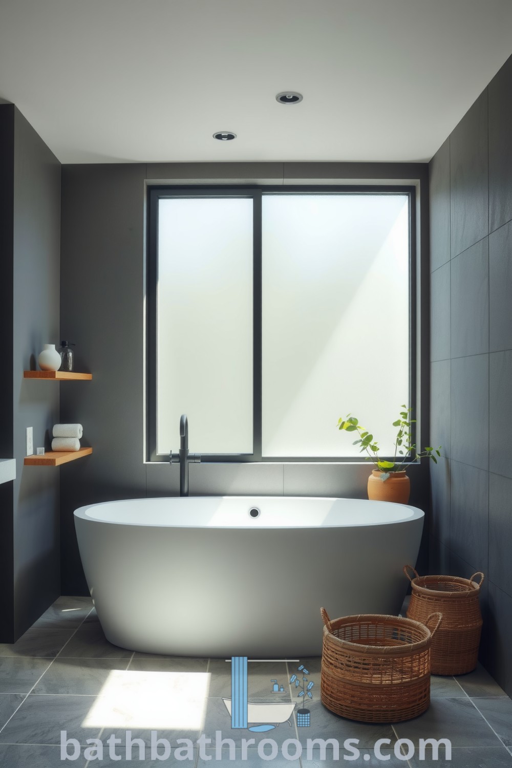 Minimalist bathroom with a freestanding tub, soft graphite colors, textured concrete wall, wooden accents, and greenery, creating a tranquil and inviting atmosphere. Discover cozy home design ideas at bathbathrooms.com.