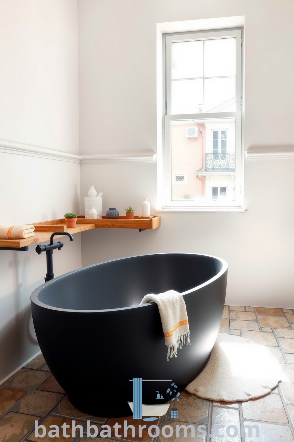 Elegant minimalist bathroom featuring a graphite tub, soft natural light, white walls, wooden shelf with towels and succulents, inviting atmosphere for relaxation. Discover more decor ideas for small spaces at bathbathrooms.com.