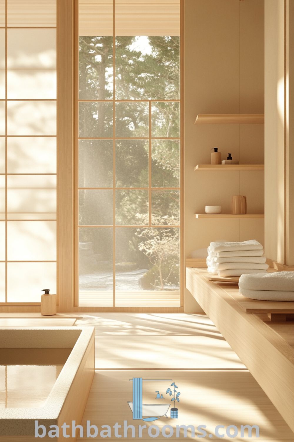 Serene Japanese bathroom featuring a deep soaking tub, wooden shelves with folded towels, and natural light filtering through frosted glass, creating a tranquil ambiance. Discover inspiring decor ideas for a cozy home at bathbathrooms.com.