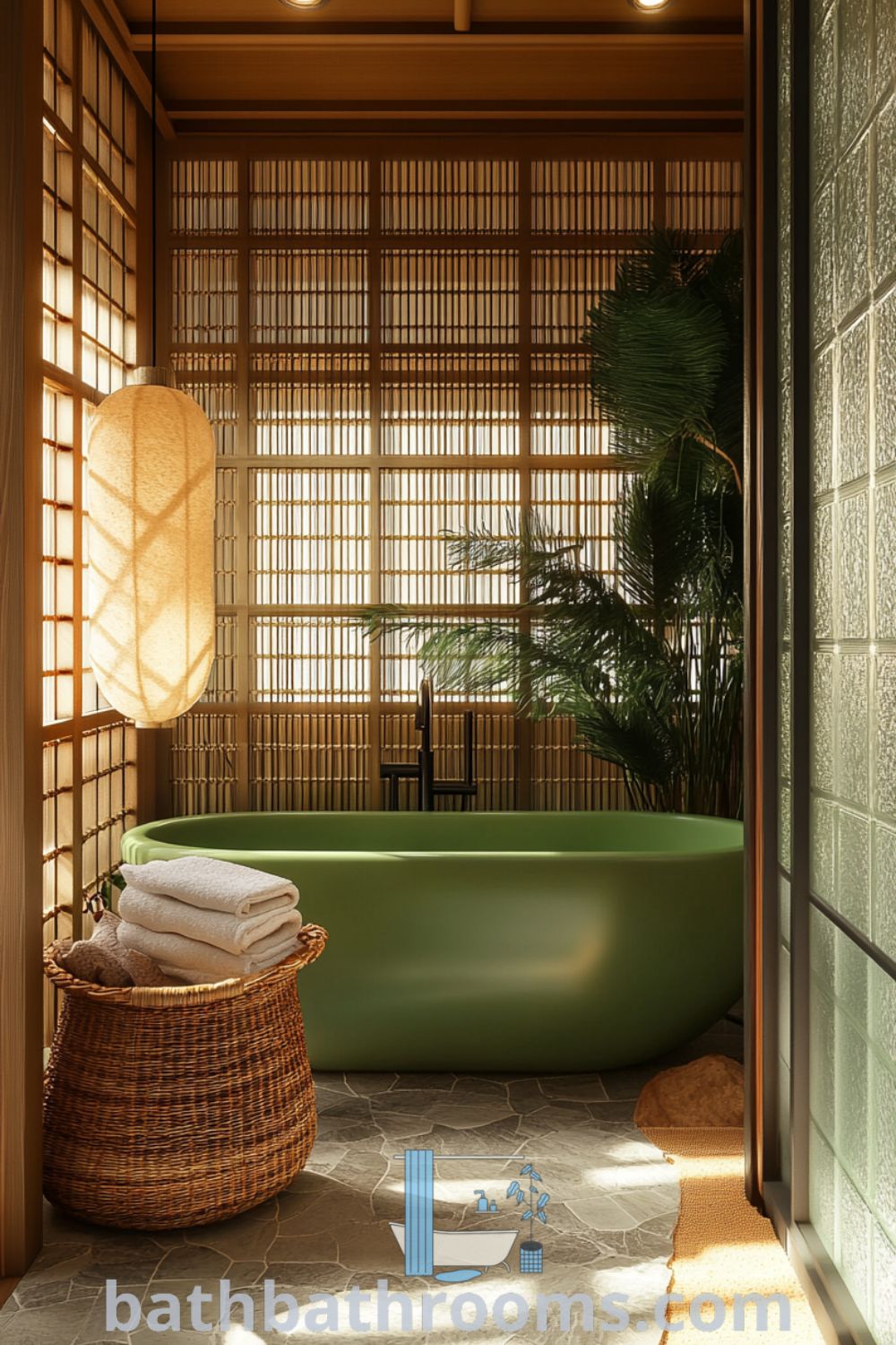 Cozy Japanese bathroom retreat with a green tub, bamboo-paneled walls, frosted glass light, stone floor, woven baskets, and potted plants, creating a serene and inviting atmosphere. Discover inspiring decor ideas for your home at bathbathrooms.com.