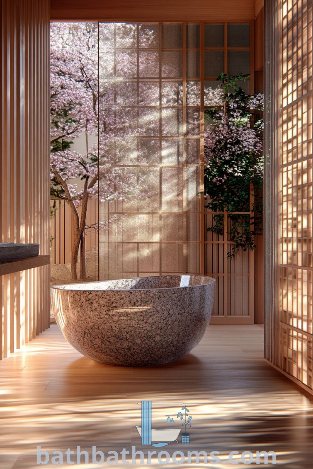Cozy Japanese bathroom featuring soft lavender hues, a deep natural stone freestanding tub, wooden accents, shoji screens, and potted plants, creating a tranquil and inviting atmosphere. Discover inspiring decor ideas for your home at bathbathrooms.com.