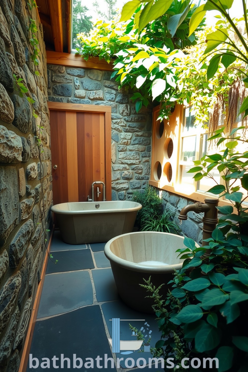 Eco-friendly outdoor bathroom featuring natural stone walls, a wooden bathtub, lush greenery, and a serene atmosphere. Discover unique decor ideas for your home at bathbathrooms.com.