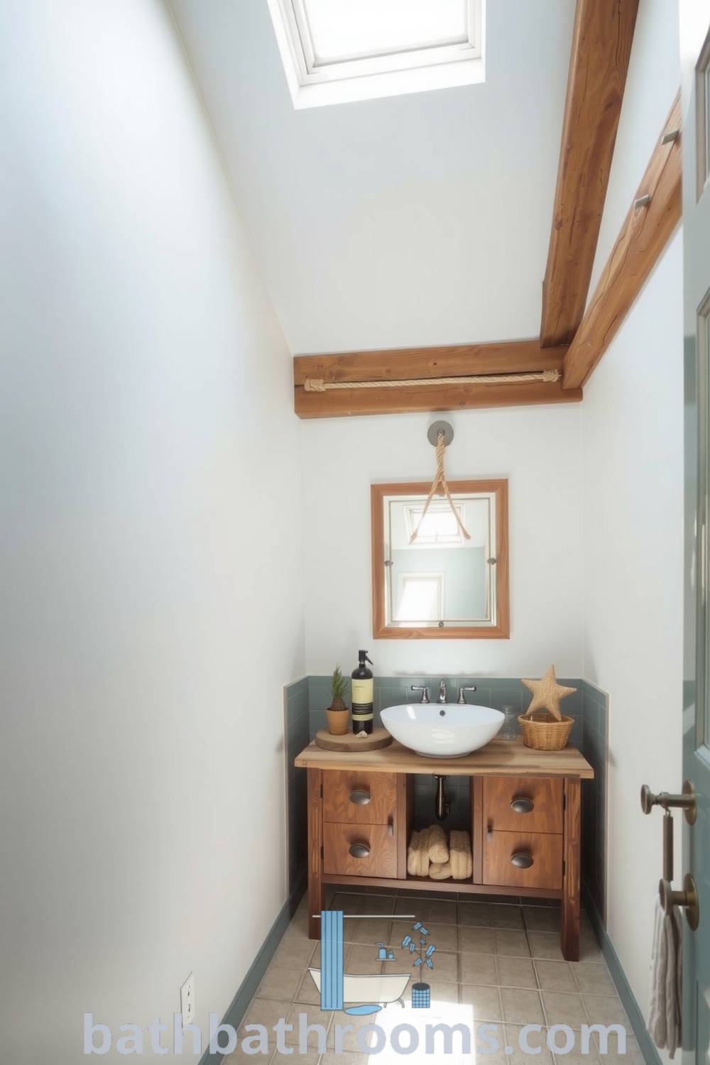 Cozy coastal bathroom featuring soft blue and sandy beige hues, weathered wooden beams, driftwood vanity, seashell accents, and sunlight streaming through a window. Discover unique ideas and inspirations for your home at bathbathrooms.com.