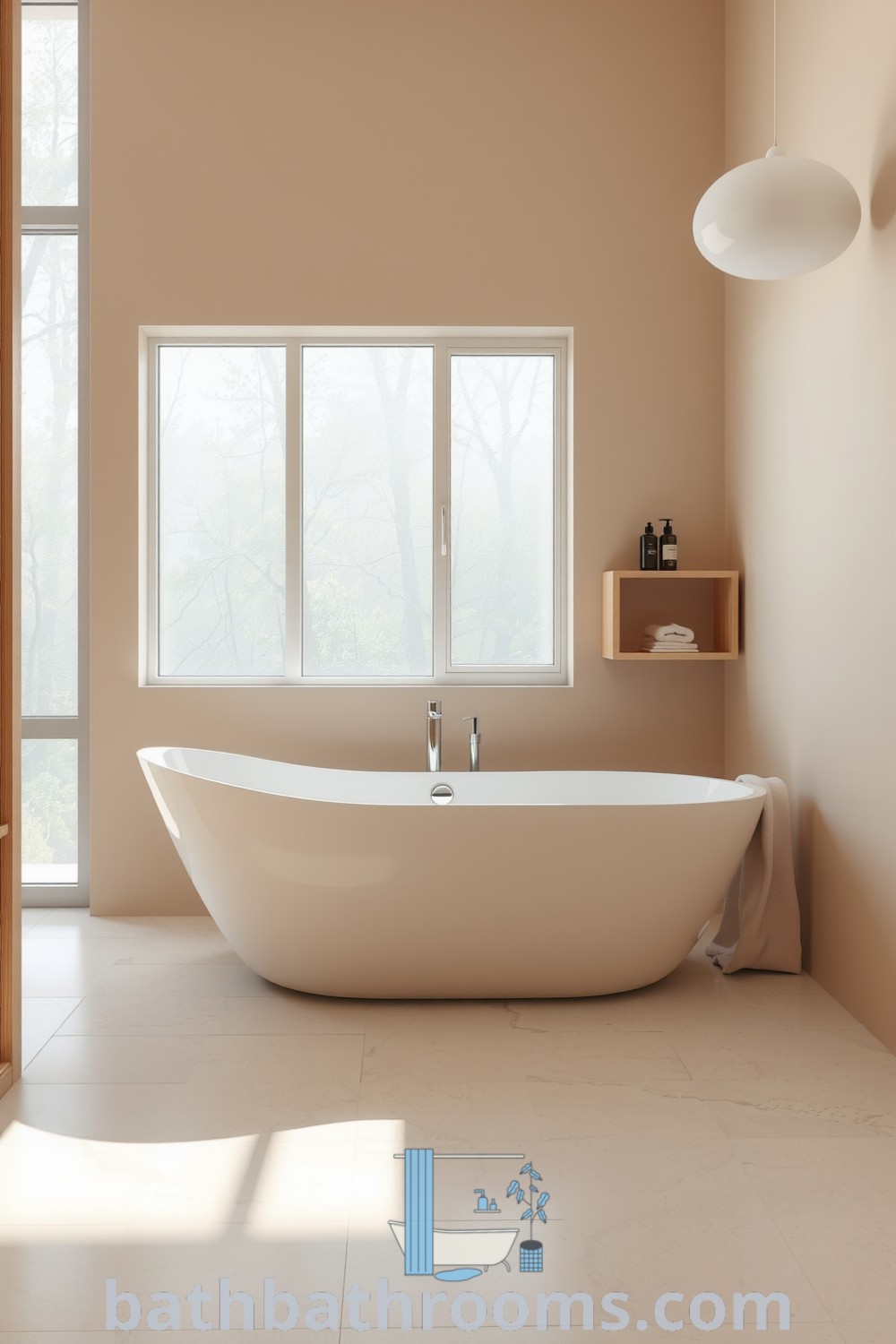 Minimalist bathroom featuring soft beige tones, a freestanding tub on polished stone floors, and a wooden shelf with bath items, exemplifying a tranquil and cozy aesthetic. Discover more cozy decor ideas at bathbathrooms.com.