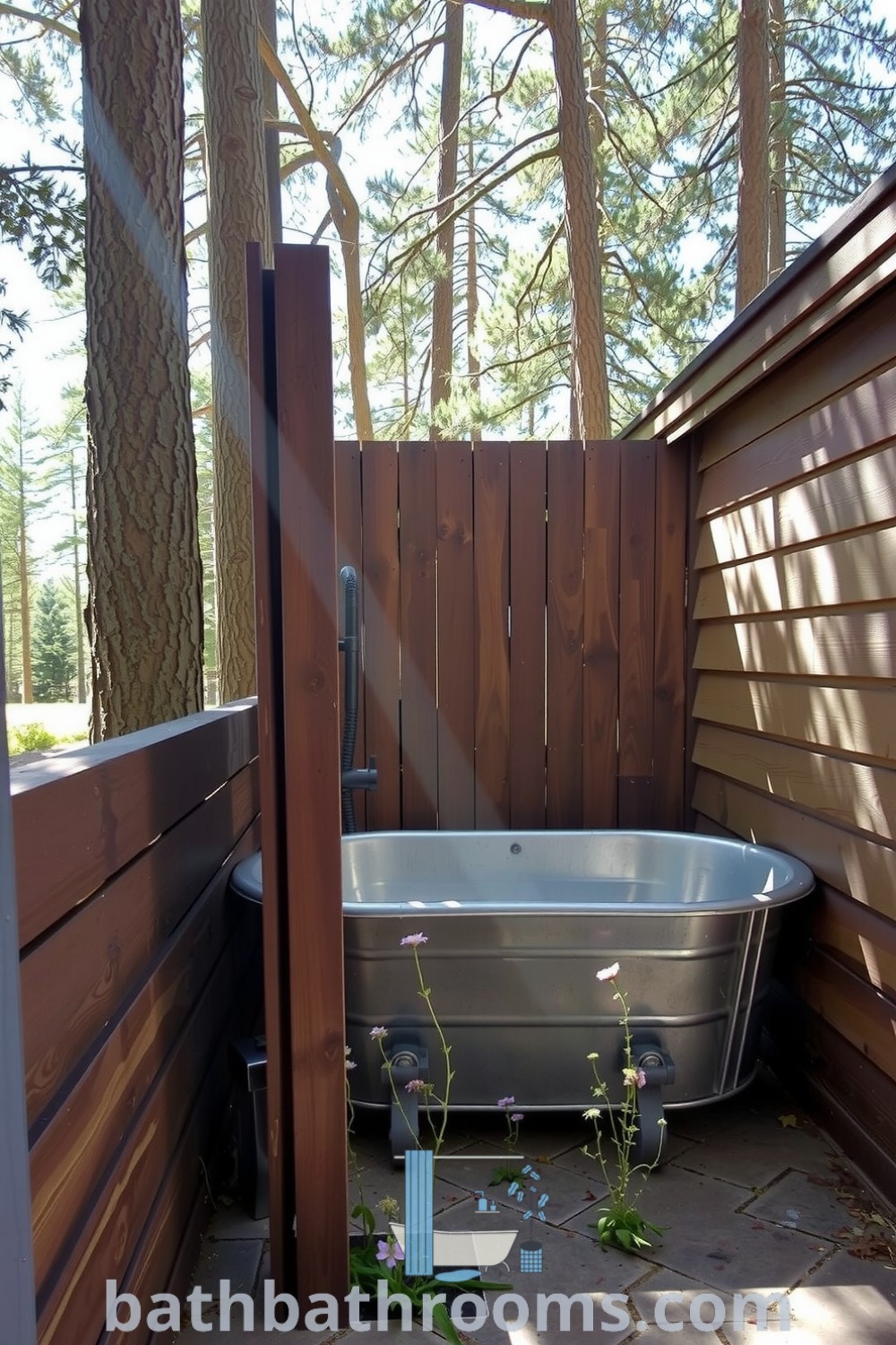 Rustic outdoor bathroom featuring weathered wooden walls, a stone floor, an inviting galvanized tub, and surrounded by wildflowers, ideal for creating a serene natural retreat. Discover unique decor ideas at bathbathrooms.com.