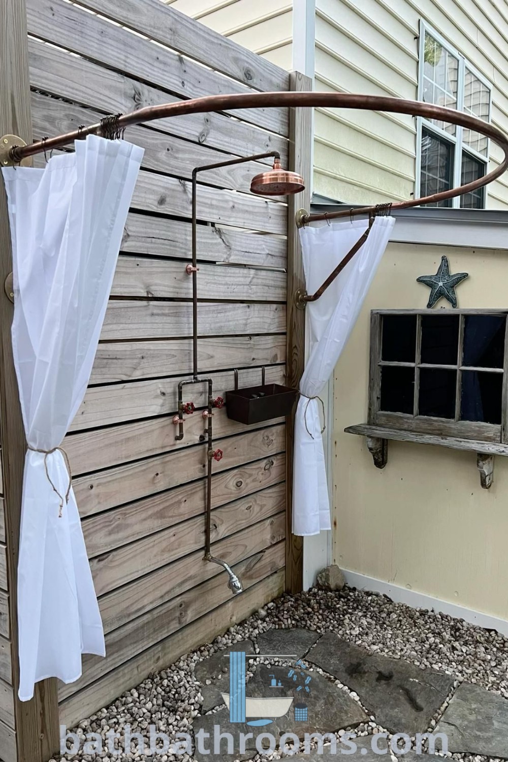 A rustic outdoor shower featuring simple design ideas from spigots, evoking a cozy and functional vibe. Perfect for DIY outdoor shower inspiration, enhancing your outdoor space with unique ideas and decor inspirations. Discover more ideas at bathbathrooms.com.