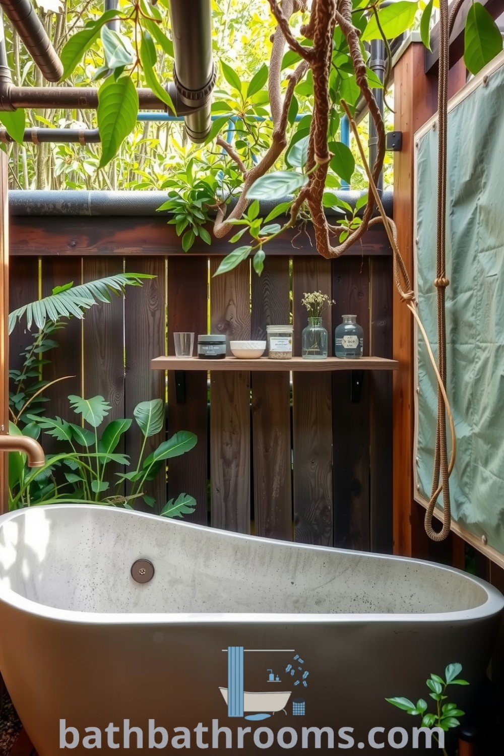 Tranquil outdoor bathroom with industrial style, featuring exposed metal pipes, weathered wooden accents, a freestanding concrete tub surrounded by greenery, and handmade soaps on a wooden shelf. Discover cozy design ideas at bathbathrooms.com.