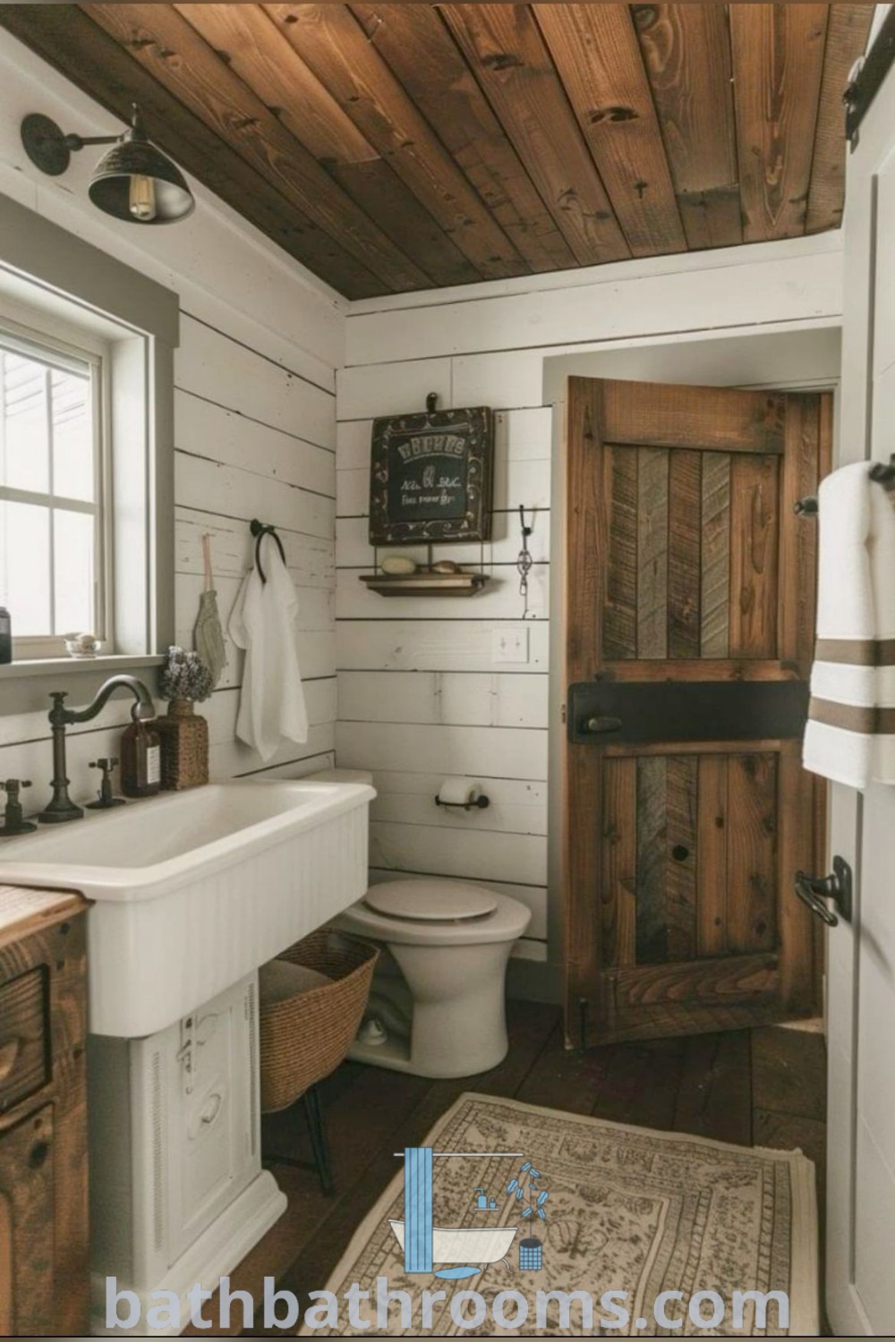 A cozy bathroom showcasing a sink, toilet, and wood-paneled walls, highlighting rustic industrial farmhouse design ideas. The vintage aesthetic offers inspiring decor for small spaces, maximizing style and warmth. Discover more at bathbathrooms.com.