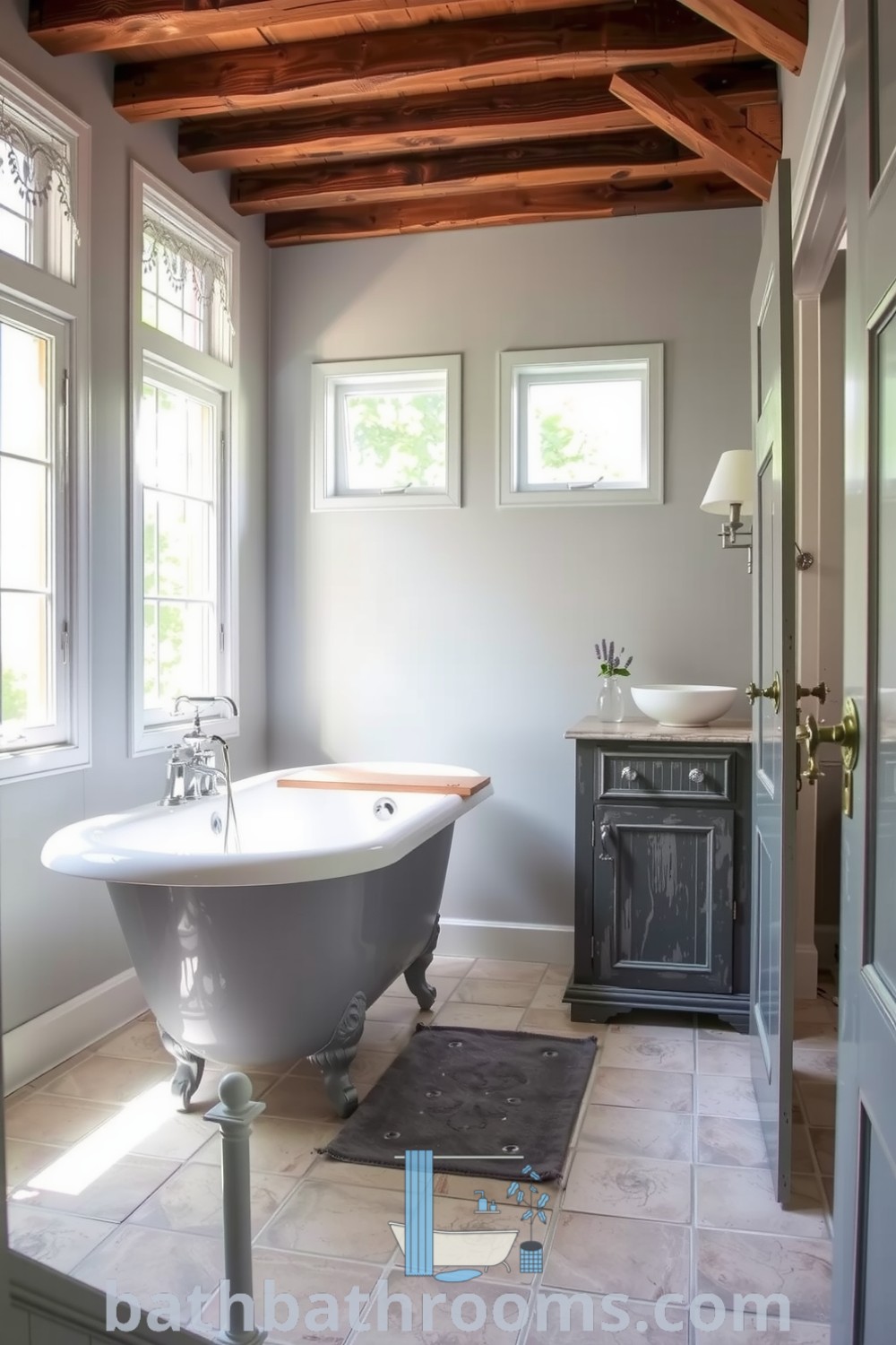 Cozy gray Provence bathroom featuring soft hues, a vintage clawfoot tub, distressed vanity, and lavender flowers, creating a serene retreat. Discover unique decor ideas for your home at bathbathrooms.com.