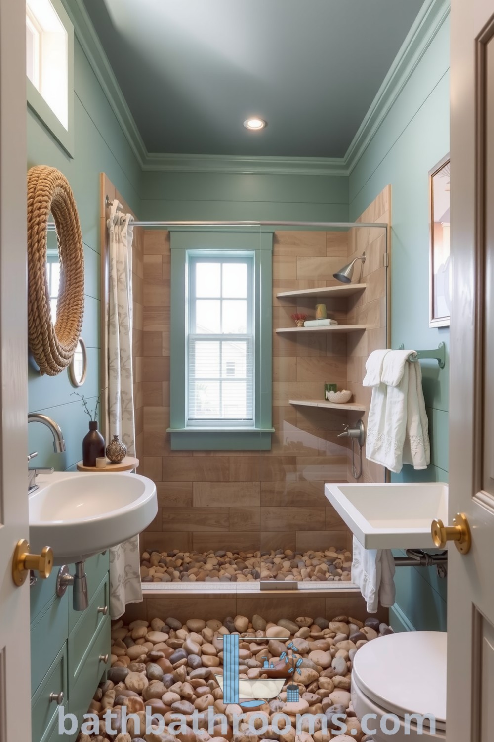 Cozy seaside bathroom with seafoam green and sandy beige colors, weathered wood accents, a spacious walk-in shower, and nautical decor, offering inspiring decor ideas for a perfect style fusion. Discover more unique ideas for your home at bathbathrooms.com.