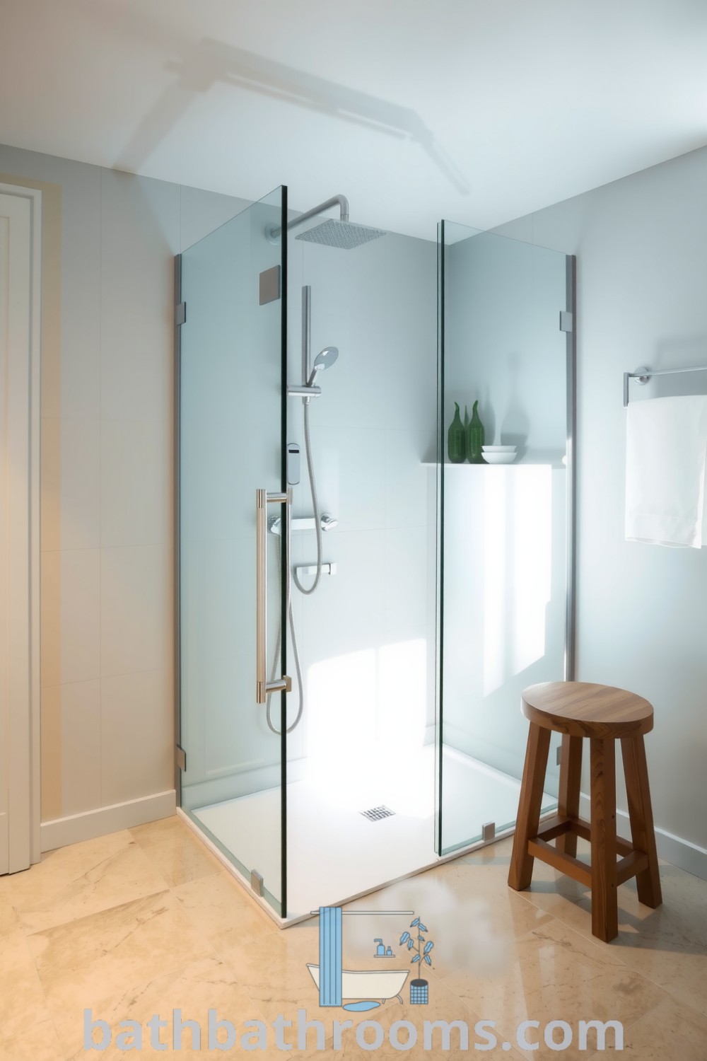 Frameless glass shower in a softly lit bathroom with stone-tiled floor, brushed metal fixtures, and a rustic wooden stool, creating a cozy and inviting atmosphere. Discover more cozy decor ideas at bathbathrooms.com.