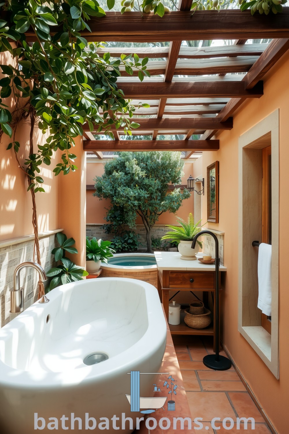 Mediterranean-inspired outdoor bathroom featuring natural stone walls, a rustic wooden vanity with a sun-bleached marble basin, and lush greenery, creating a serene atmosphere perfect for relaxation. Discover more unique ideas for your home at bathbathrooms.com.