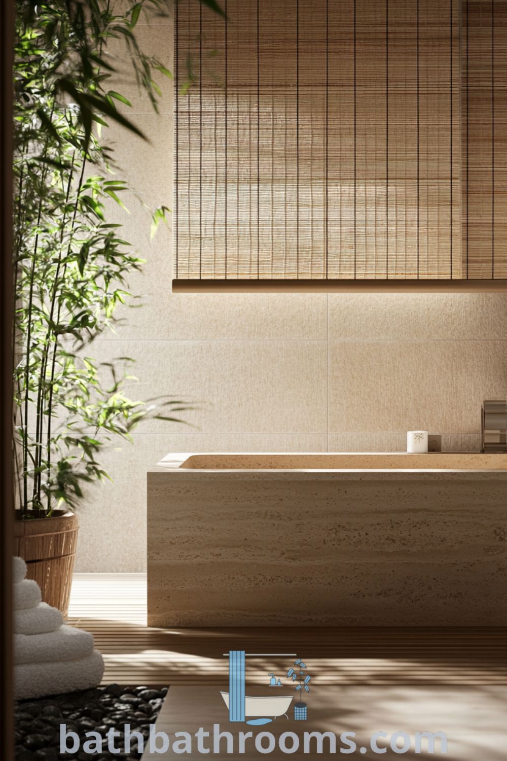 Serene Japanese bathroom featuring warm beige tones, deep wooden tub, smooth stone wall, and bamboo accents, illuminated by soft sunlight through rice paper screens, creating a tranquil atmosphere. Discover unique cozy home ideas at bathbathrooms.com.