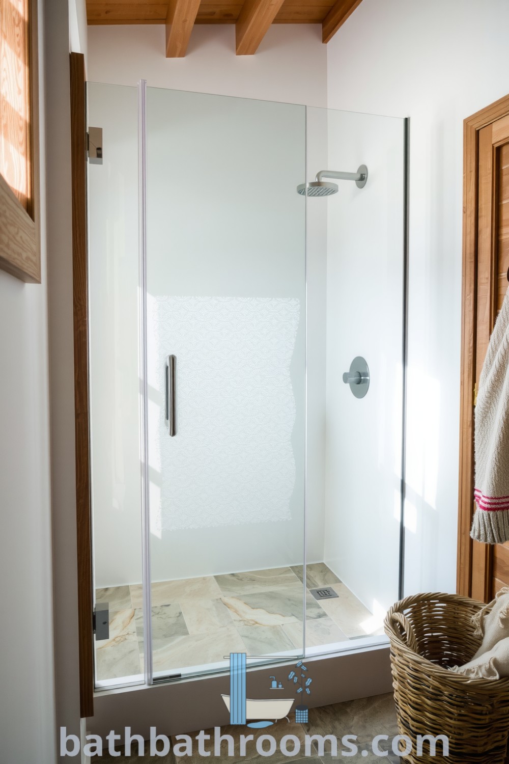 Cozy bathroom with frameless glass shower, warm stone tiles, natural wood accents, and a woven basket, creating an inviting and refreshing retreat. Discover more decor ideas for small spaces at bathbathrooms.com.